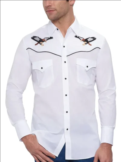 Mens Embroidered White Western Shirt <ul style="list-style: square inside none;"> <li>65% poly, 35% Cotton</li> <li>S- 2XL</li> <li>MATCHING WESTERN SHIRTS</li> </ul> •