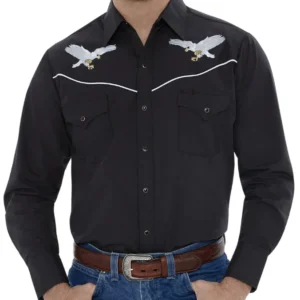 Man wearing a black western shirt with white eagle embroidery.