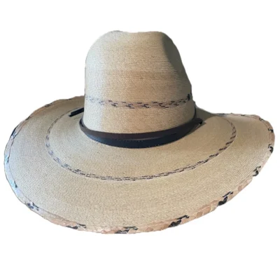 Fine Sahuayo Palm leaf Gus Crown Hat with black pinto stripe and chin strap