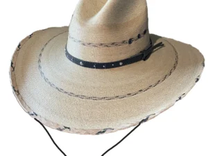 Fine Sahuayo Palm leaf Gus Crown Hat with black pinto stripe and chin strap