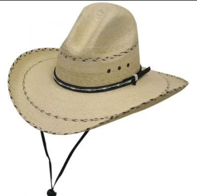 Fine Sahuayo Palm Black Pinto stripe Gus Crown Straw Cowboy hat with Chin Strap •