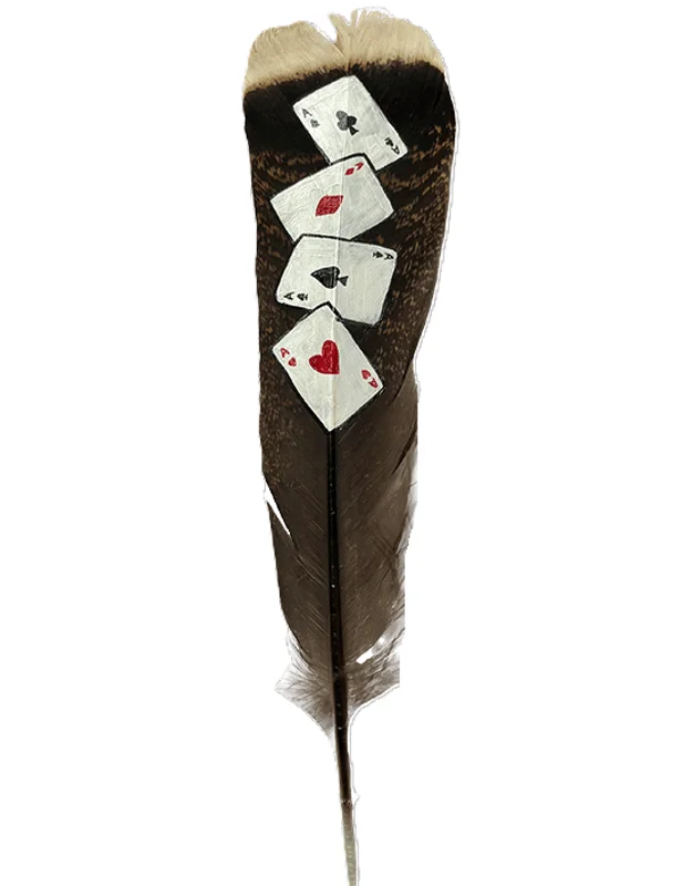 Four Aces Cowboy Hat Feather - Hand Painted Playing Cards Feather 12" 1 Four Aces Cowboy Hat Feather – Hand Painted Playing Cards Feather