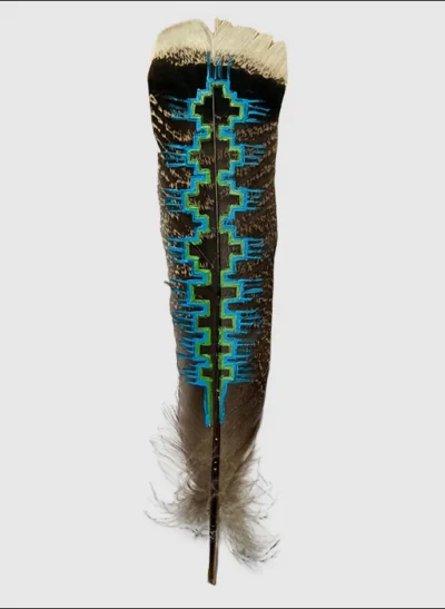 HAND PAINTED Feather with a Southwestern Native American design from a real Turkey Feather for a Cowboy Hat  <ul style="list-style: square inside none;"> <li>Turkey Feather</li> <li>Natural color</li> <li>Stick it in your side hat band</li> </ul> •