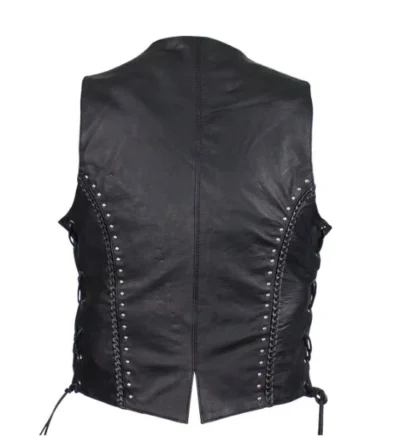 Womens Concealed Carry BLACK BRAIDED Leather Studded Vest <li>CONCEALED CARRY</li> <li>Top Grade Soft Touch Leather</li> <li>Zip Front</li> •
