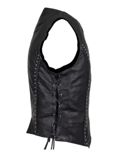 Womens Concealed Carry BLACK BRAIDED Leather Studded Vest <li>CONCEALED CARRY</li> <li>Top Grade Soft Touch Leather</li> <li>Zip Front</li> •