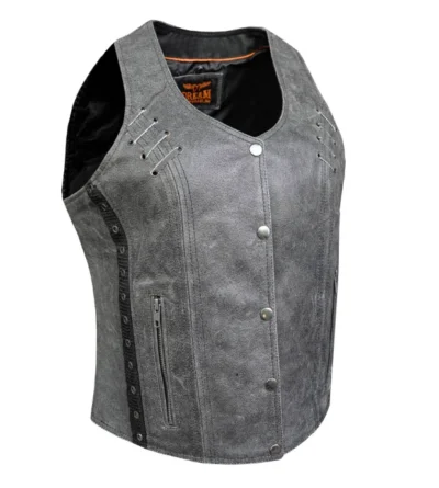Womens Snap Front Concealed Carry Gray Leather Vest <li>CONCEALED CARRY</li> <li>Soft Touch Leather</li> <li>Snap front</li> •