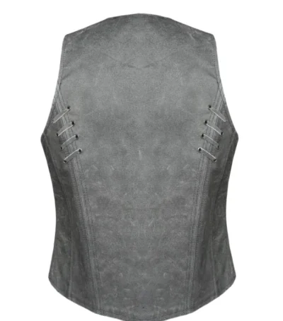 Womens Snap Front Concealed Carry Gray Leather Vest <li>CONCEALED CARRY</li> <li>Soft Touch Leather</li> <li>Snap front</li> •