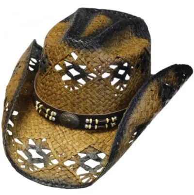 Nante Pinch Front Black and Brown Straw Cowboy Hat <ul> <li>Firm Straw</li> <li>Crown 4 1/2"</li> <li>Brim 3 1/2"</li> </ul> •