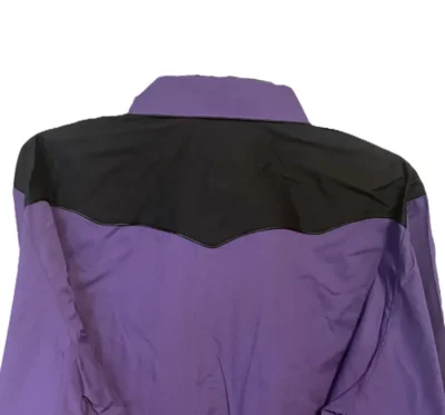 Men's Two Tone purple and Black Retro Piped Western Shirt <ul> <li>Pearl Snaps</li> <li>Button down</li> <li>65% Poly,35% Cotton</li> <li>XL</li> </ul> •