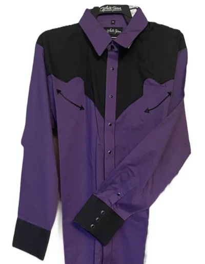 Men's Two Tone purple and Black Retro Piped Western Shirt <ul> <li>Pearl Snaps</li> <li>Button down</li> <li>65% Poly,35% Cotton</li> <li>XL</li> </ul> •