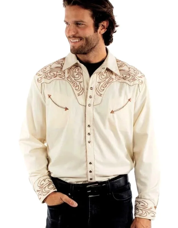 Scully Men's Cream Scroll Embroidered Western Shirt with Pearl Snaps - S to 4XL 1 Scully Men's Cream Scroll Embroidered Western Shirt with Pearl Snaps - S to 4XL
