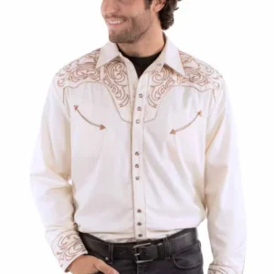 Scully Men’s Cream & Tan Scroll Embroidered Western Shirt - Pearl Snaps - S to 4XL