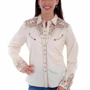 Scully Women's Cream Embroidered Scroll Western Shirt- Pearl Snaps
