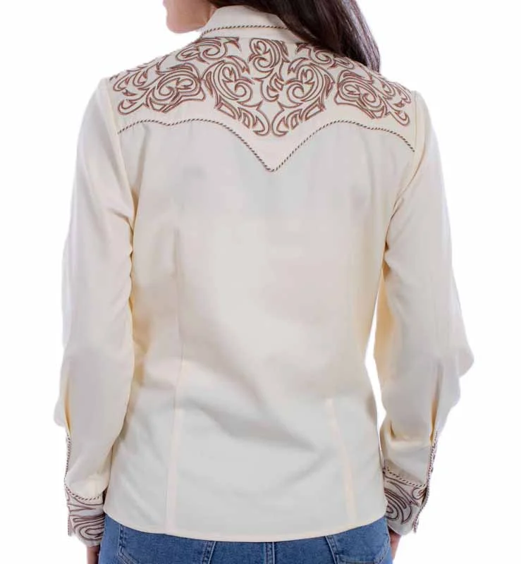 Scully Women's Cream Embroidered Western Shirt - Tan Scrolls - Pearl Snaps 2 Scully Women's Cream Embroidered Scroll Western Shirt- Pearl Snaps