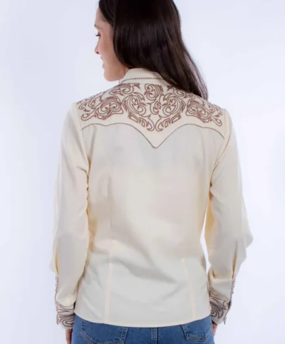 Women's embroidered western scroll shirt <li>3 row pearl snaps</li> <li>65% Polly/35% Rayon</li> <li>XS - 2XL</li> <li>MATCHING WESTERN SHIRTS</li> •