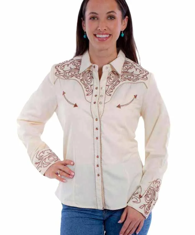 Scully Women's Cream Embroidered Western Shirt - Tan Scrolls - Pearl Snaps 1 Scully Women's Cream Embroidered Scroll Western Shirt- Pearl Snaps