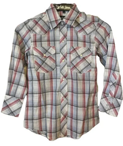 Kids red white and blue pearl snap plaid western shirt