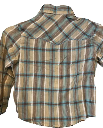 Little Girls Brown & Turquoise Plaid Kids Gold Lurex Western Shirt