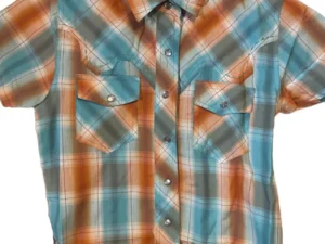 Short Sleeve Orange & Turquoise Plaid Kids Western Shirt