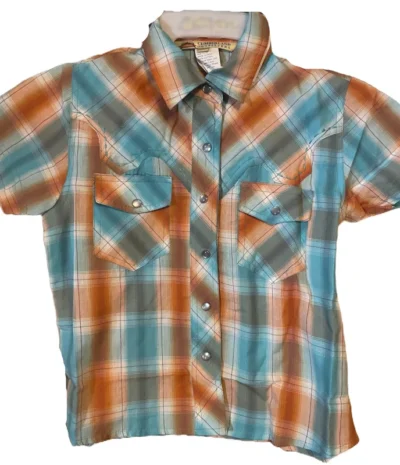 Short Sleeve Orange & Turquoise Plaid Kids Western Shirt