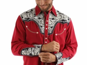 Men's red white blue embroidered western shirt