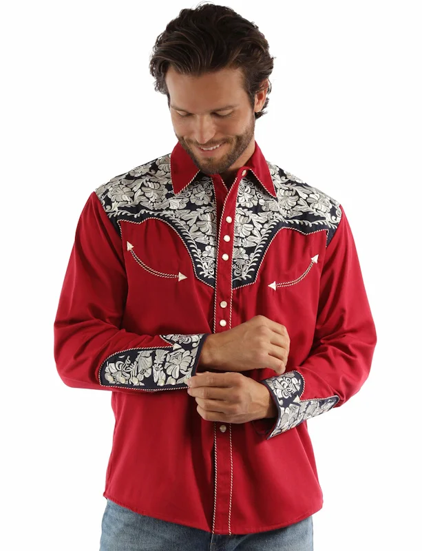 Men's red white blue embroidered western shirt