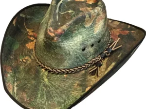 Sahuayo Palm Leaf Straw Camouflage Cowboy Hat with a leatherette weaved hat band a unique camo printed straw cowboy hat