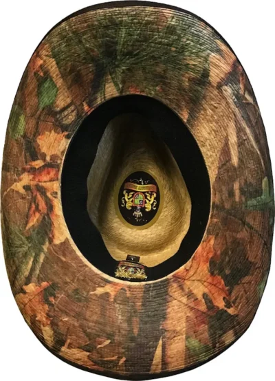 Sahuayo Palm Leaf Straw Camouflage Cowboy Hat with a leatherette weaved hat band a unique camo printed straw cowboy hat