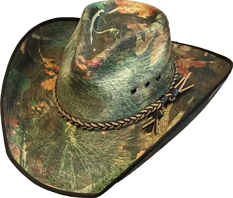 Sahuayo Palm Leaf Straw Camouflage Cowboy Hat with a leatherette weaved hat band a unique camo printed straw cowboy hat