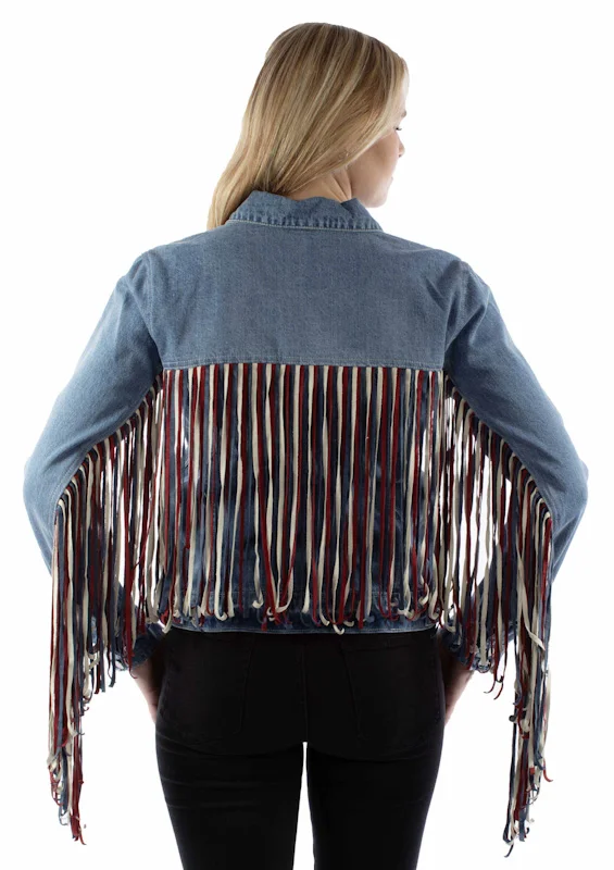 USA Patriotic western fringe jean jacket red white and blue americana jacket for women