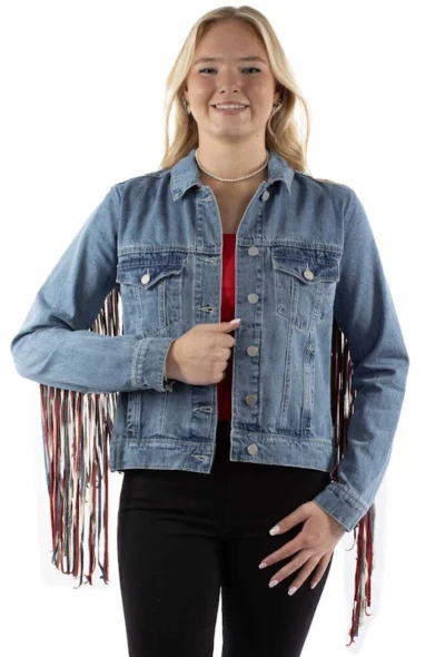 USA Patriotic western fringe jean jacket red white and blue americana jacket for women