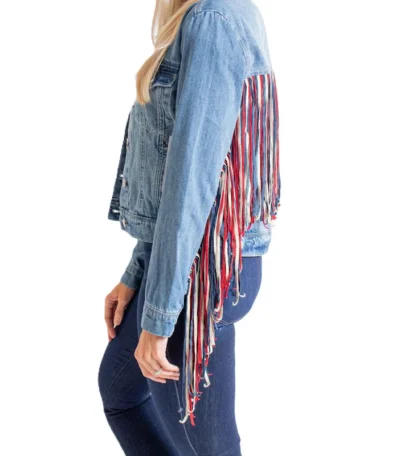 USA Patriotic western fringe jean jacket red white and blue americana jacket for women