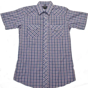 Mens Blue and Red Plaid pearl snap Short Sleeve Shirt
