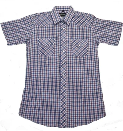 Mens Blue and Red Plaid pearl snap Short Sleeve Shirt