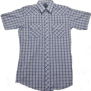 Mens Blue and tan Plaid pearl snap Short Sleeve Shirt