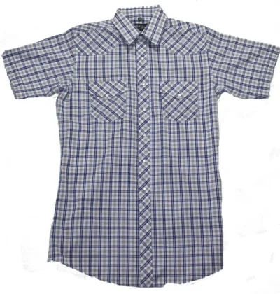 Mens Blue and tan Plaid pearl snap Short Sleeve Shirt