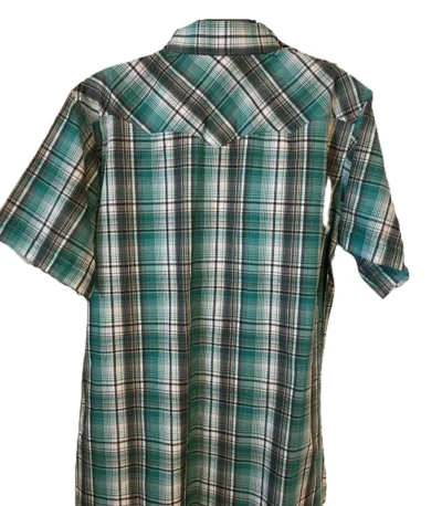 Mens Black White and Green Plaid Pearl Snap Short Sleeve Western Shirt