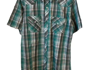 Mens Black White and Green Plaid Pearl Snap Short Sleeve Western Shirt