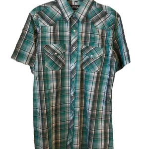Mens Black White and Green Plaid Pearl Snap Short Sleeve Western Shirt