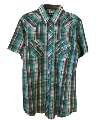 Mens Black White and Green Plaid Pearl Snap Short Sleeve Western Shirt