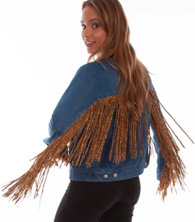 western fringe jean jacket for women with leopard print long fringe