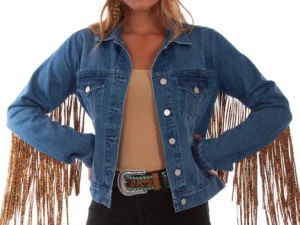 western fringe jean jacket for women with leopard print long fringe