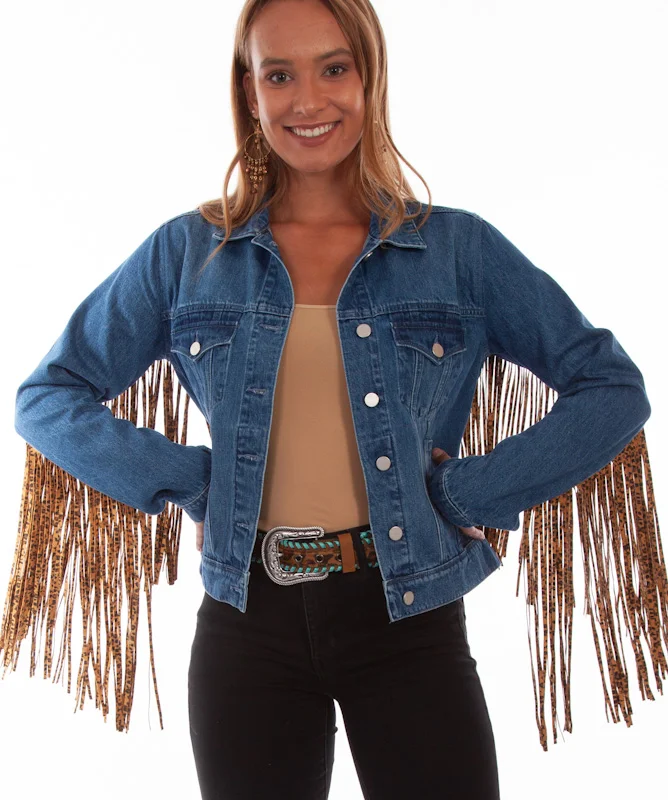 western fringe jean jacket for women with leopard print long fringe