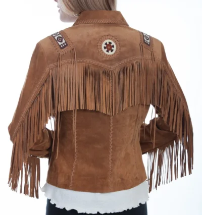 hand laced and beaded trim suede western fringe jacket for women