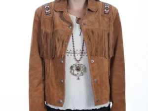 hand laced and beaded trim suede western fringe jacket for women