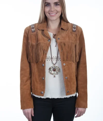 hand laced and beaded trim suede western fringe jacket for women