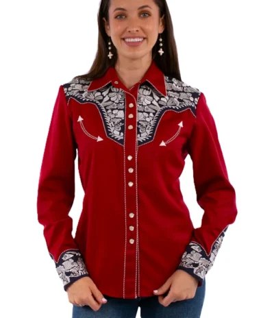 Women's Scully Pearl Snap Red White and blue embroidered patriotic western shirt