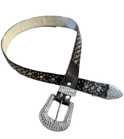 women's brown leather silver studded rhinestone western belt