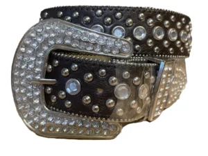 women's brown leather silver studded rhinestone western belt