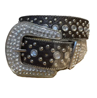 women's brown leather silver studded rhinestone western belt